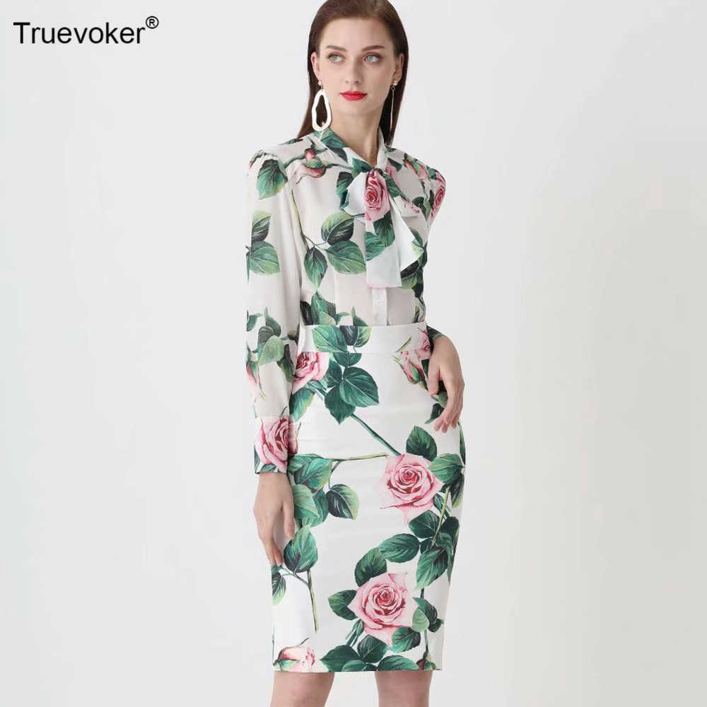 

Truevoker High Street Runway Sets Suit's Bow Collar Cute Flower Printed Tops With Pencil Skirts Holiday Two Pieces 210602, Gray