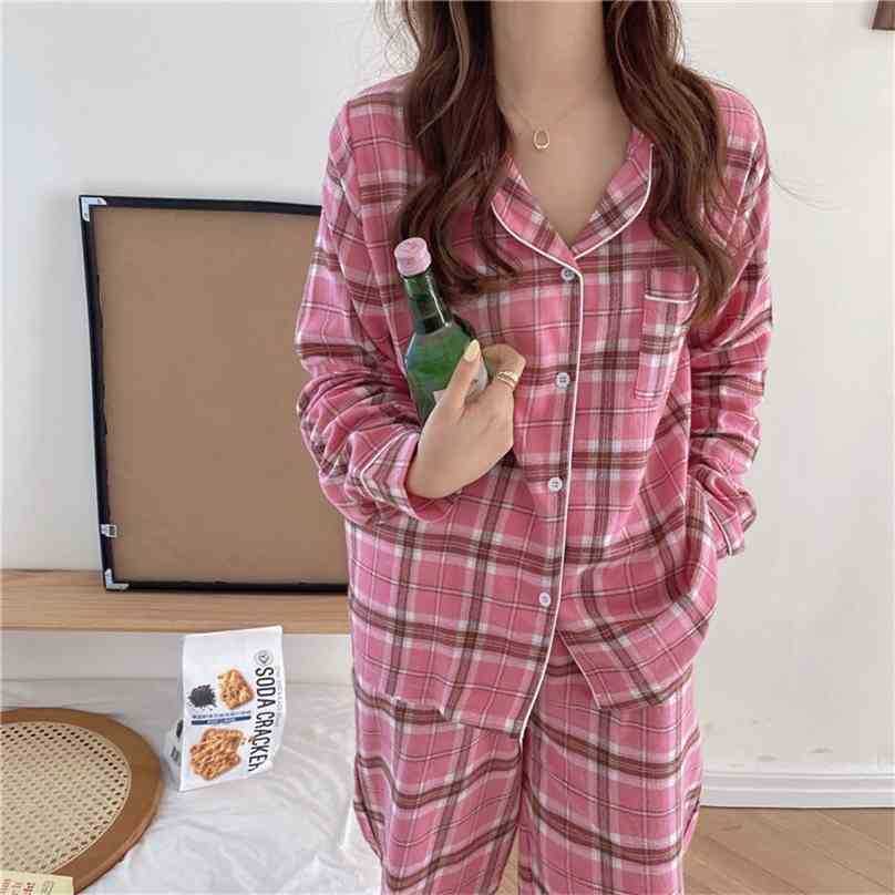 

Oversize All Match Plaid Homewear Stylish Loose Nightwear Sweet Chic Two Piece Suit Casual Pajamas Sets 210525, Women