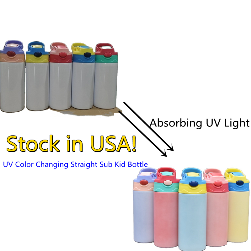 

USA STOCKED! UV Color Changing Bottle 12oz Sublimation Straight Kids Sippy Cups Stainless Steel Double Wall Insulated Vacuum Sunshine Light Sensing Tumblers DIY, Mixed