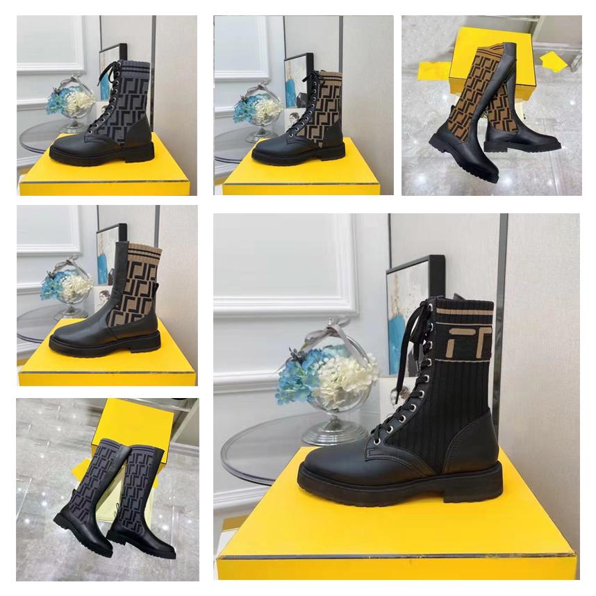 

2021 Women Designer Boots Knitted Stretch Martin Black Leather Knight Short Boot Design Casual Shoes Luxurys Size 35-40 Without Box, Color01