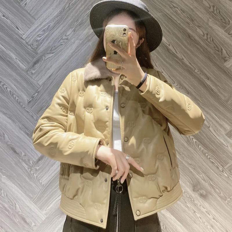 

Women's Leather & Faux High Quality Printed Genuine Sheepskin Down Jacket Women Short Winter Natural Collar Coat, Black