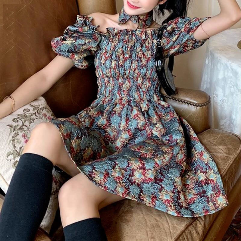

Women Floral Sweet Bandage Party Mini Dress Female High Street Casual Holiday Korean Summer Vintage Kawaii 210517