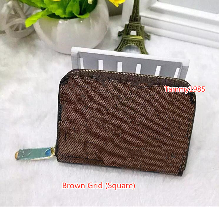 

Brown flower womens short wallet classic fashion luxury designer old flower Print women's ID card bag candy color zipper pocket, Brown grid (square)
