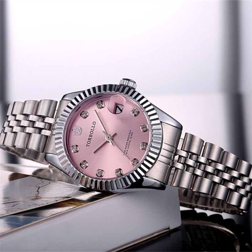 

TORBOLLO Women's Wristwatches Luxury Silver Pink Dial Quartz Female Clock Diamond Auto Date Fashion Ladies Wrist Watch Top 210707, Blue gold