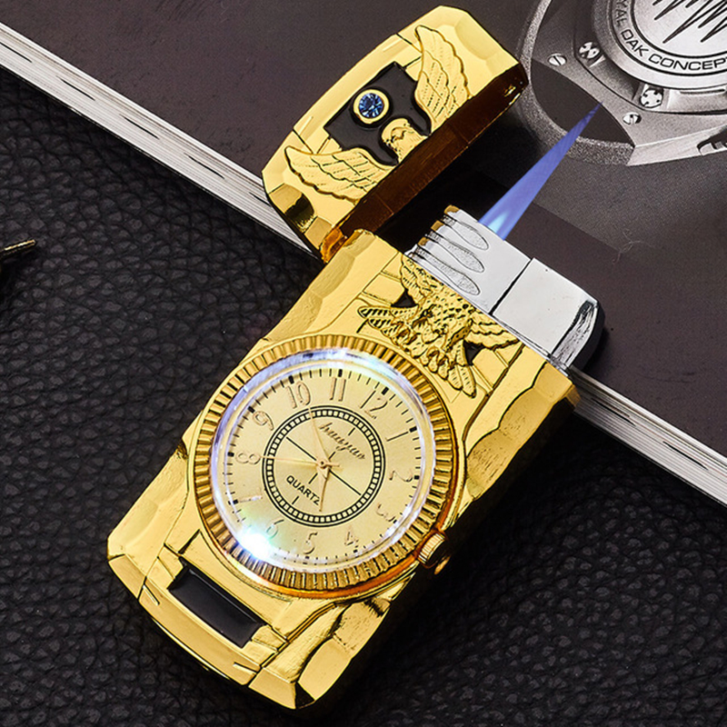 

Gold Watch Jet Lighter Torch Turbo Gas Smoking Lighter Windproof Cigar Cigarette Metal Lighter Led Inflated Butane Men Decoration Gadgets