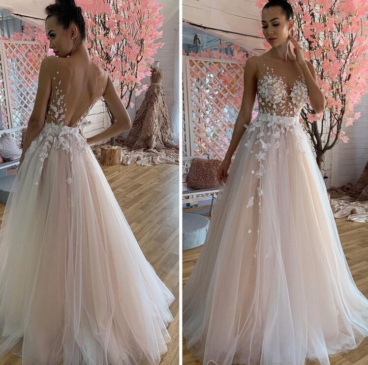 

Sexy Illusion Bodice Wedding Dresses Bridal Gowns Backless Sheer Neck Appliques Lace Tulle A Line Floor Length Vestido De Noiva Custom Size, White