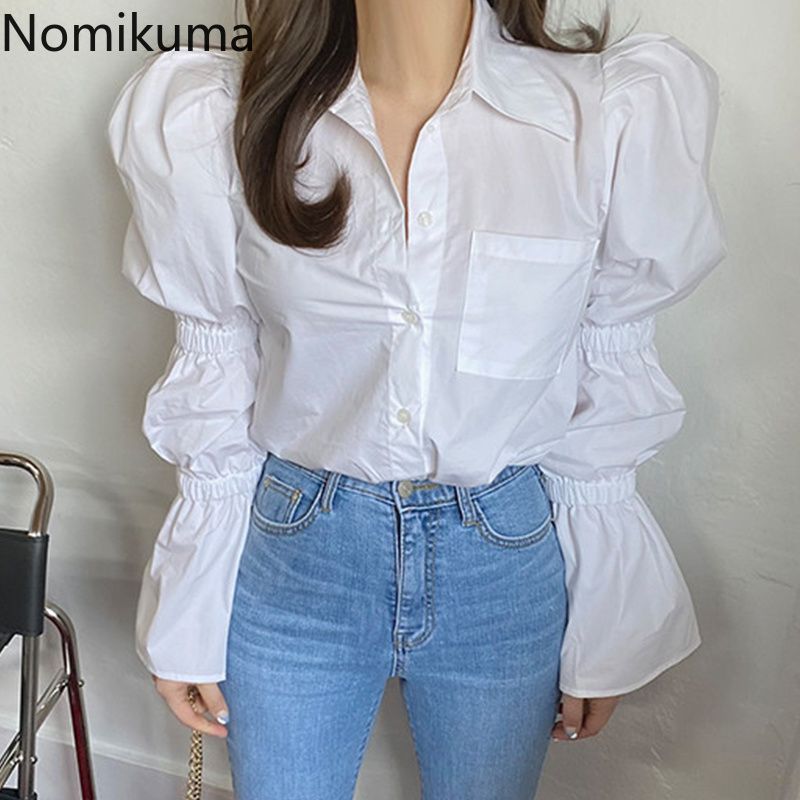 Nomikuma Korea Chic Pleated Puff Sleeve Blouses Shirt Causal Turn-down Collar Women Tops Spring New Elegant Blusas 6F843 210427