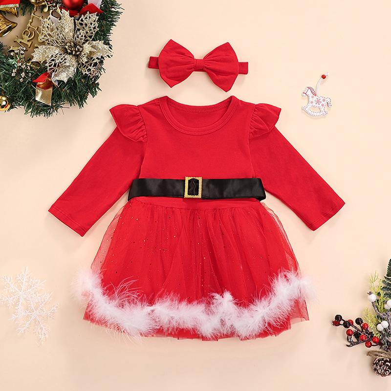 

Girl's Dresses Toddler Baby Girls Christmas Dress Long Sleeve O-neck Mesh Tulle With Waistband+Bowknot Headband 3Pcs Xmas Clothes Set, Red