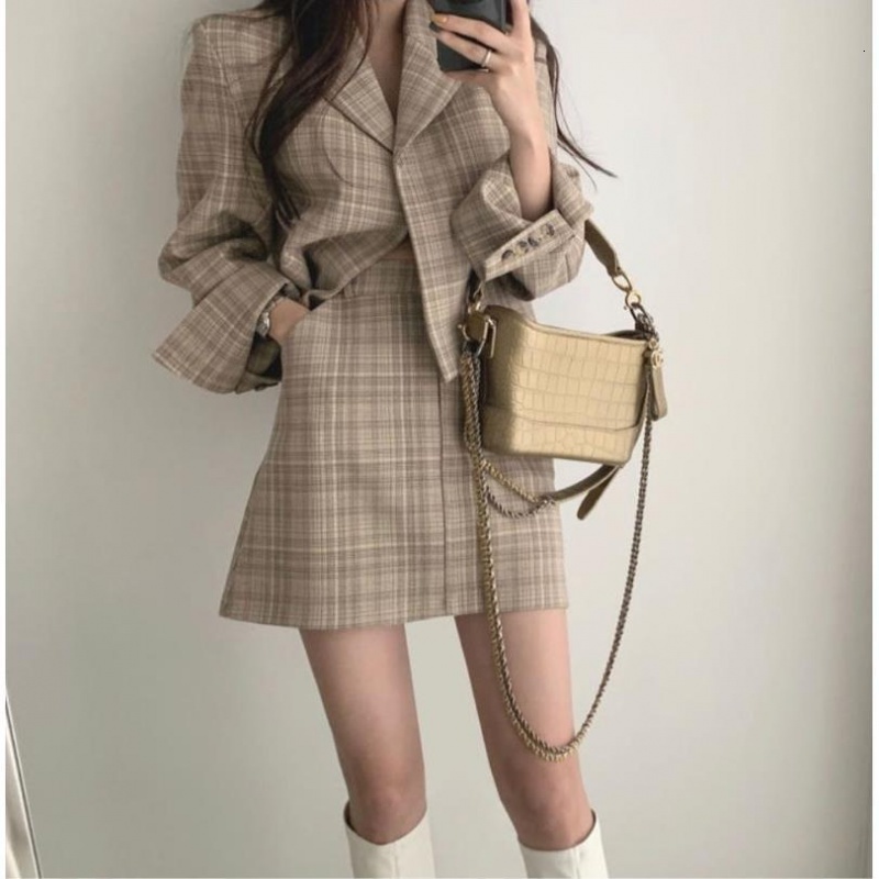

Two Piece Dress spring temperament short suit jacket + high waist skirt fashion two-piece women 6DW3, Gray suit