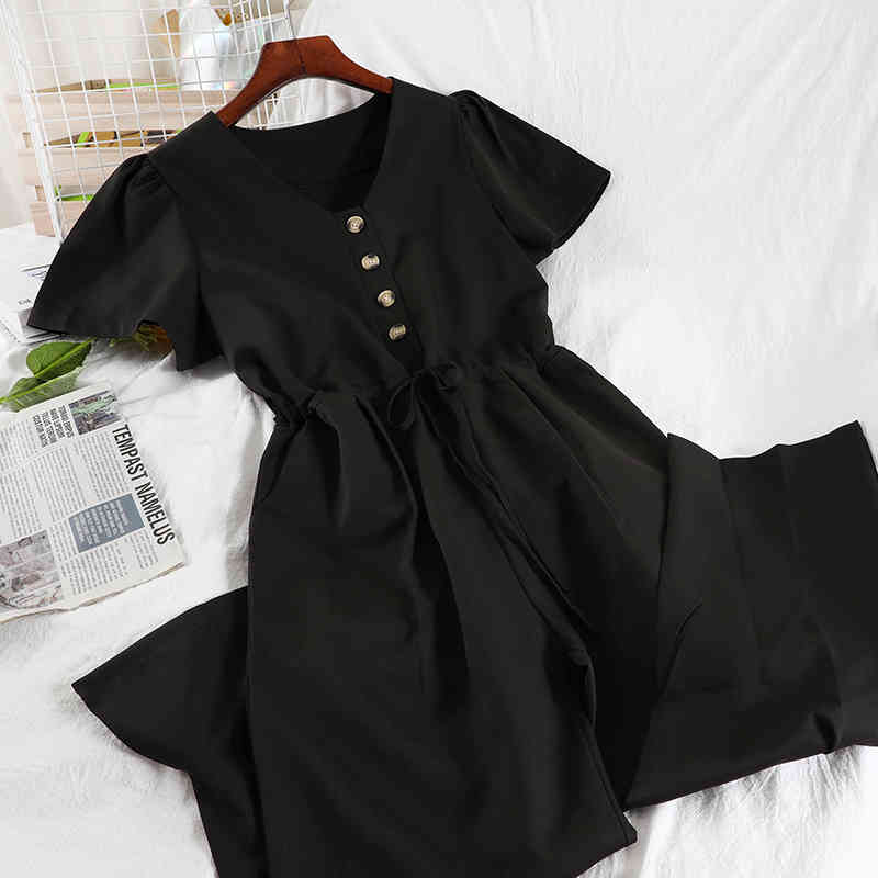 

Women Loose Jumpsuit Solid Color Short Sleeve V-neck Single Breasted Harem Pants Fashion Summer MZ980 210525, Dark green