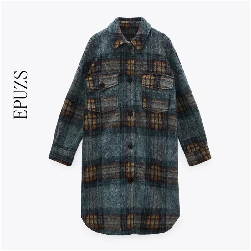 

ZA women Plaid Woolen Coat winter long coat Vintage Long Sleeve Pockets jacket female Overcoat 210521, Blue