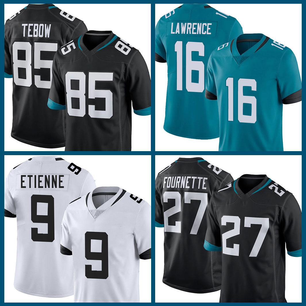 

Jacksonville Jaguars NFL 85 Tim Tebow American football Jersey 16 Trevor Lawrence 9 Travis Etienne 17 D.J. Chark 27 Leonard Fournette 30 Jam, Black;red