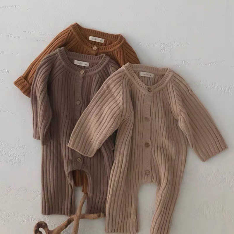 

Spring Baby Boys And Girls Jumpsuits born Baby Solid Color Long Sleeve Knitted Romper Toddler Kids Sweater Warm Clothing 210722, Bs011227apricot