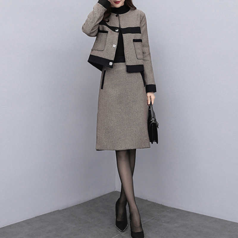 

women's autumn and winter two-piece skirt wool short jacket slim casual fashion suit high quality 210527
