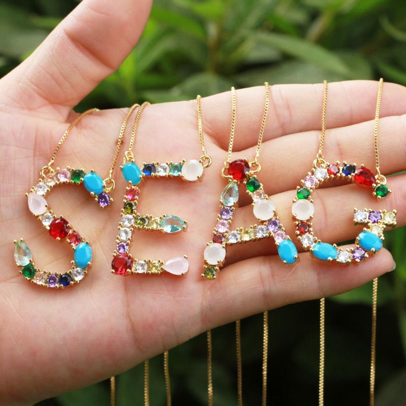 

Pendant Necklaces Lady Shiny Boho Letter Necklace For Women Girl Multi Color 2021 Wedding Glass Crystal Statement Party Gift