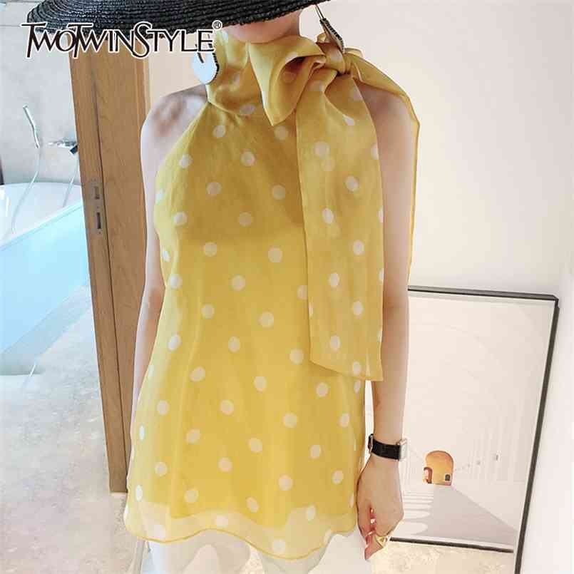 

Polka Dot Casual Shirt For Women Bowknot Collar Sleeveless Loose Vintage Blouse Female Fashion Clothing 210524, Yellow