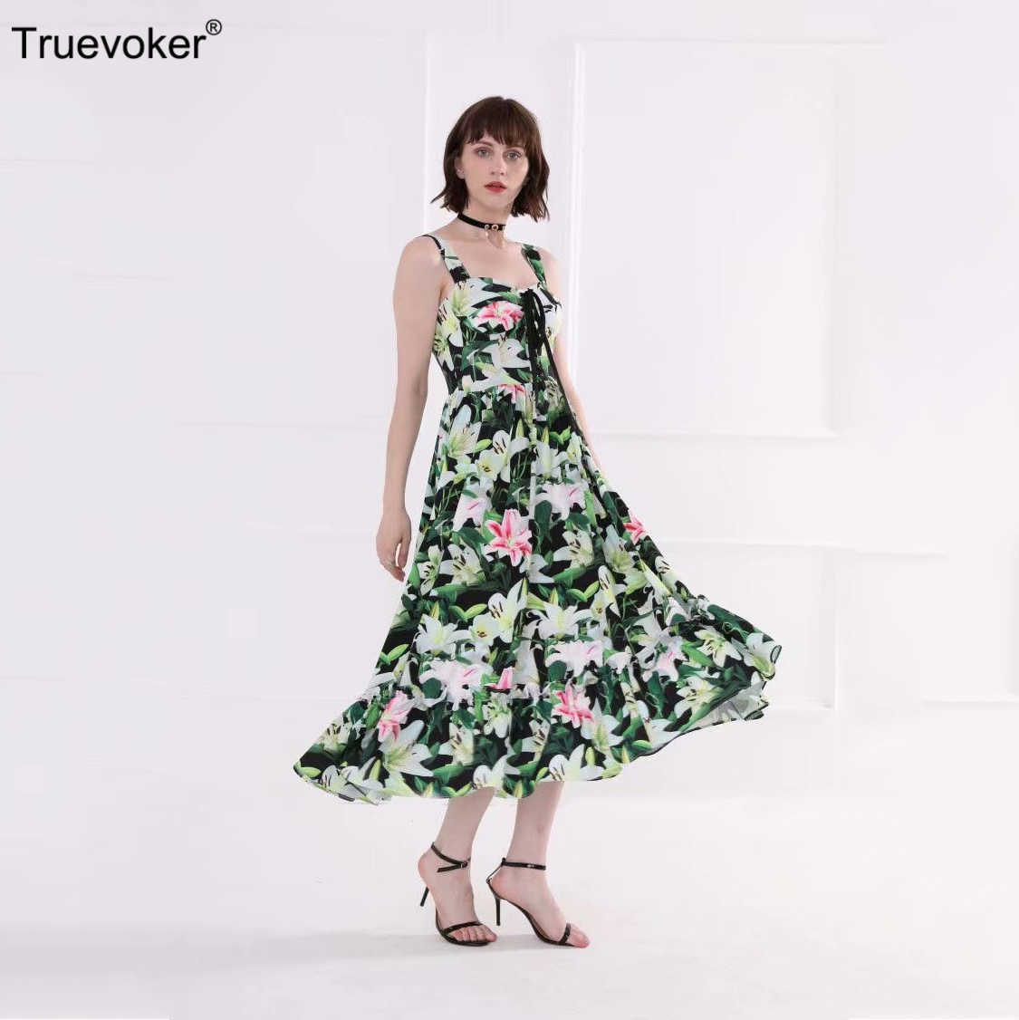 

Truevoker Europe Designer Dresses Ladies' Multicolor Floral Printed Lace Up Mid Calf Spaghetti Strap Robe Femme Ete Vestidos 210602, Blue