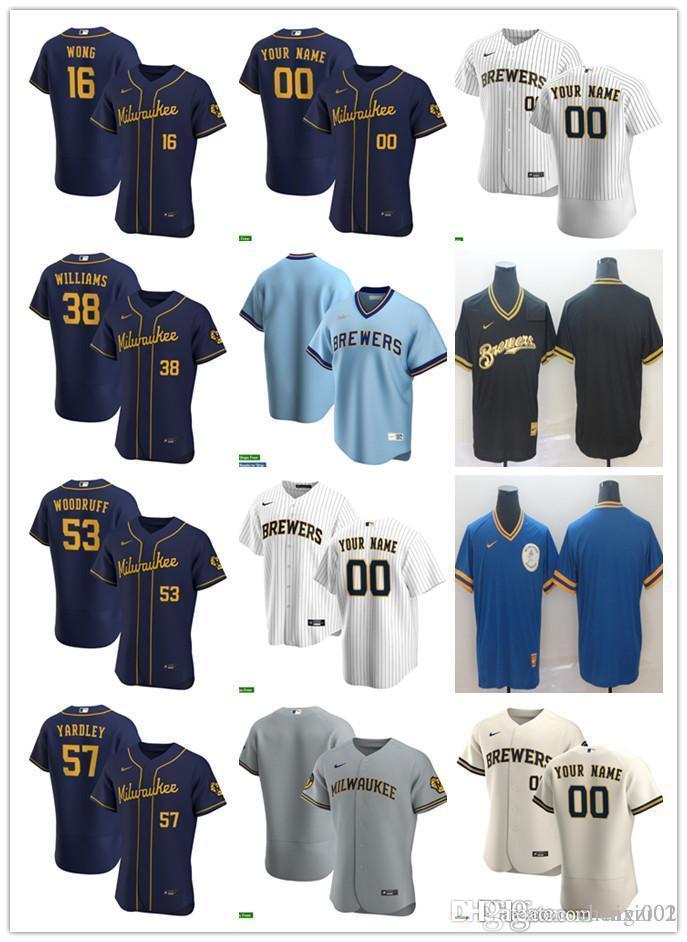 

Men Women Youth Milwaukee Brewers 38 Devin Williams 16 Kolten Wong 53 Brandon Woodruff 57 Eric Yardley Custom Baseball Jersey, Blue;black