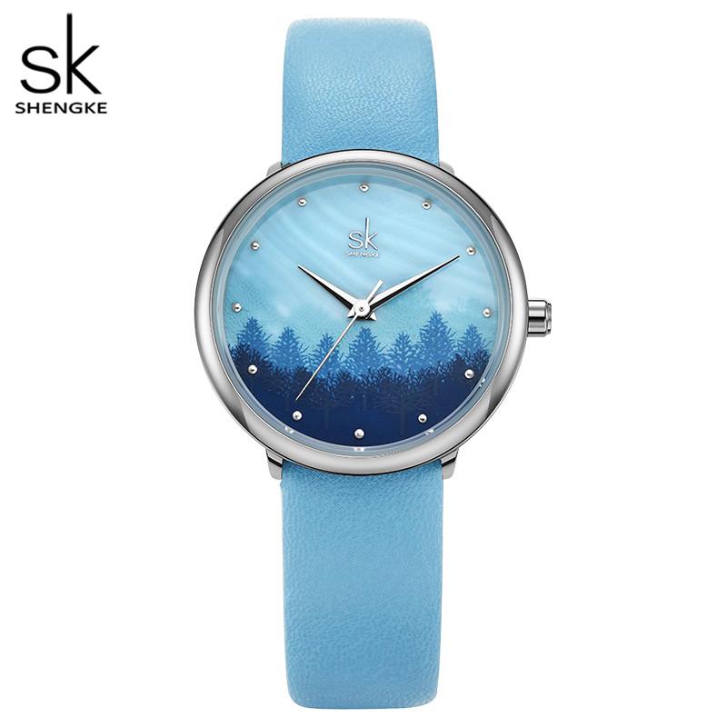 

Wristwatches Shengke Women Watches Spring Birch Forest 30mm Dial Lady Clock Blue Band Japanese Movement Relogio Watch Zegarek Damski Gift