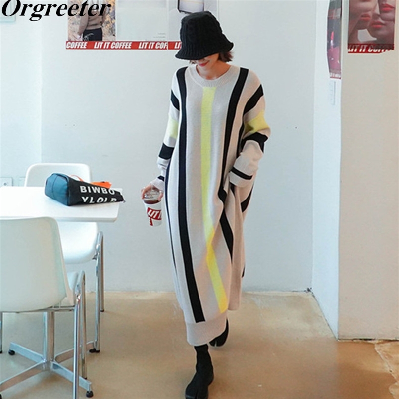

Korean Fashion Fall Winter Loose Long Sweater Dress Women Oversize Striped Knitted Casual Spring Knit Dresses 210602, Beige