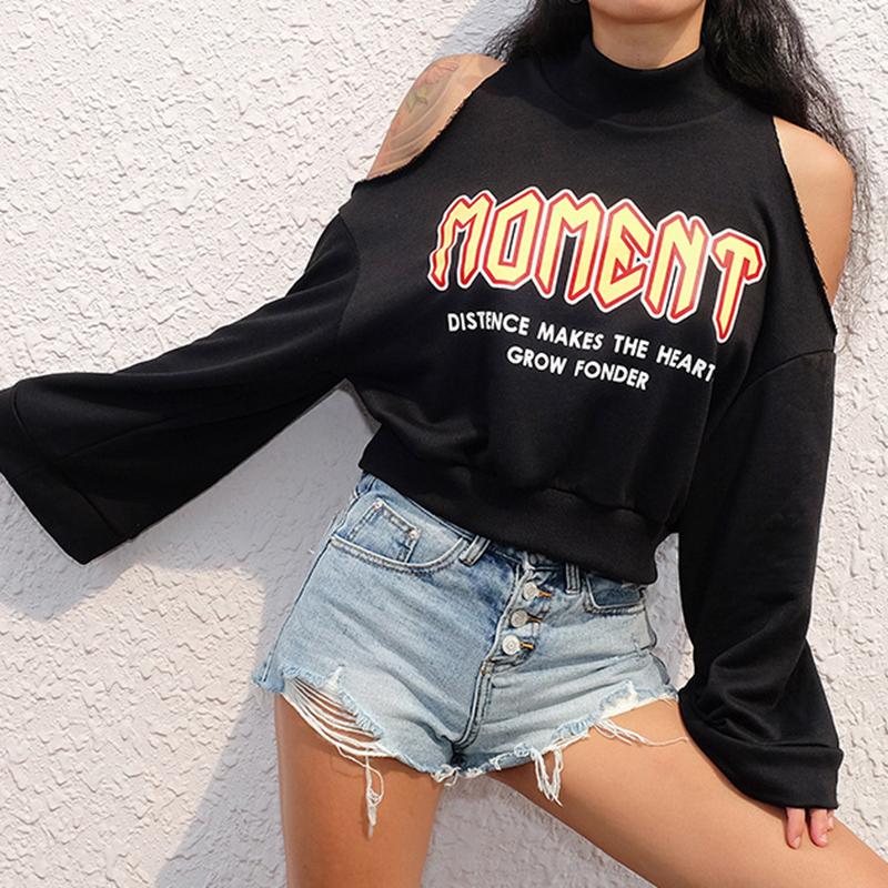 

Gym Clothing Black Cropped Sweatshirt Letters Print Crop Top For Women Sexy Off Shoulder Flare Long Sleeve, As pic