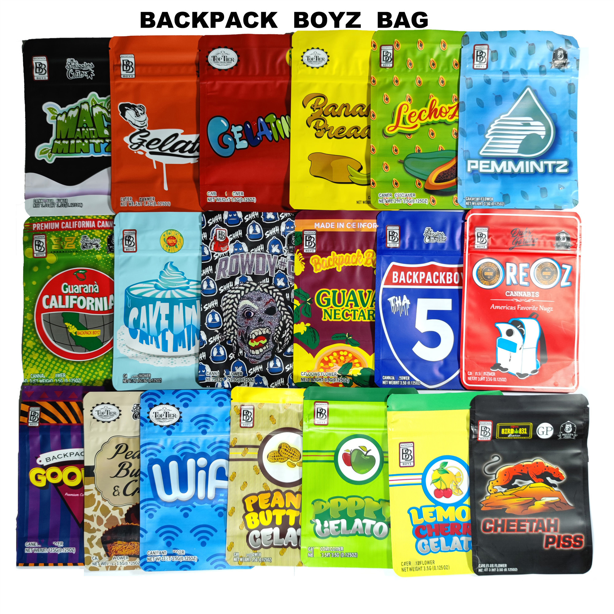 

BACKPACKBOYZ 3.5g smell proof mylar bags resealable baggies backpack boyz BISCOTTI GELATO 41 GUARANA BILLY KIMBER ZERBERT GELATTI 5POINT.LA
