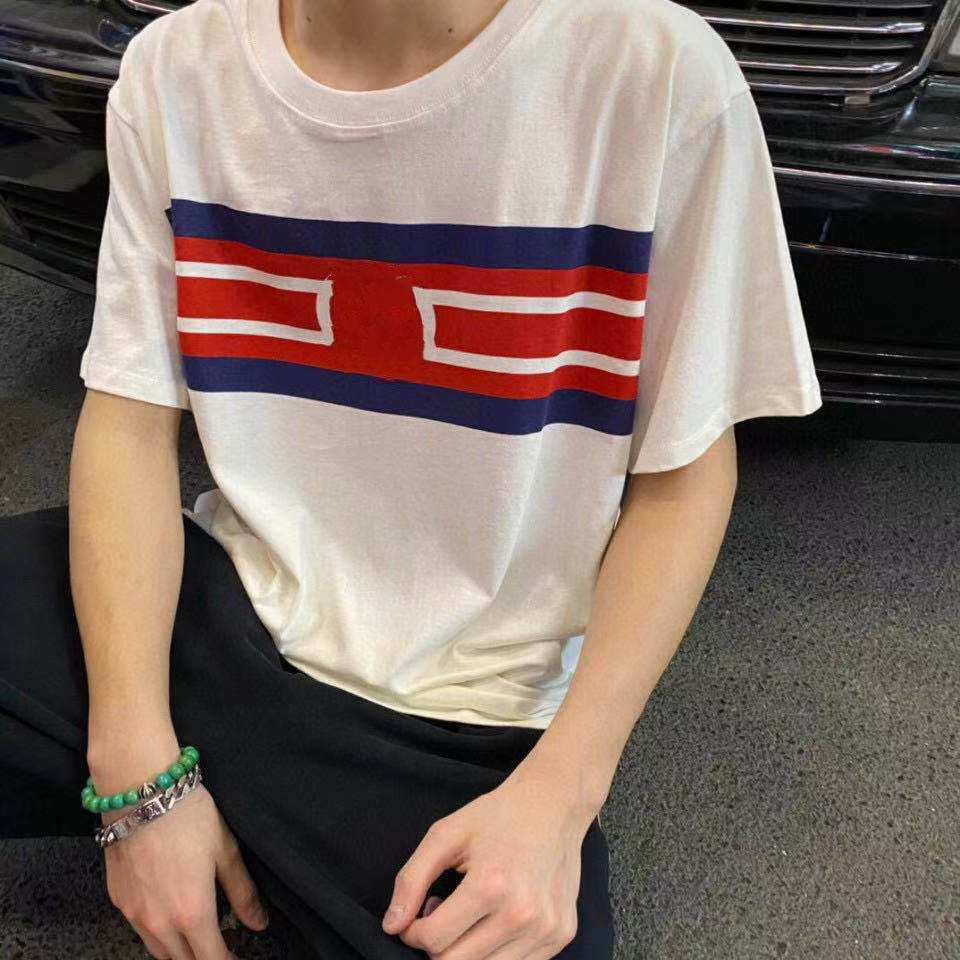 

Luxury design Correct version 21ss summer gujia double g-stripe printing short sleeve T-shirt for men and women, Creamy-white