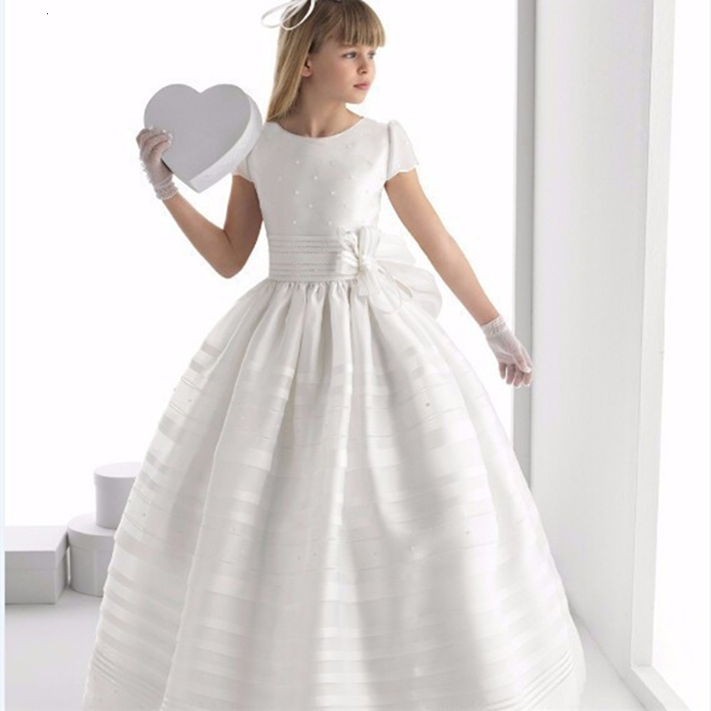 

Casual Dresses ed fashion of the flower girl charming white ivory short satin to floor pageant girls as first communion