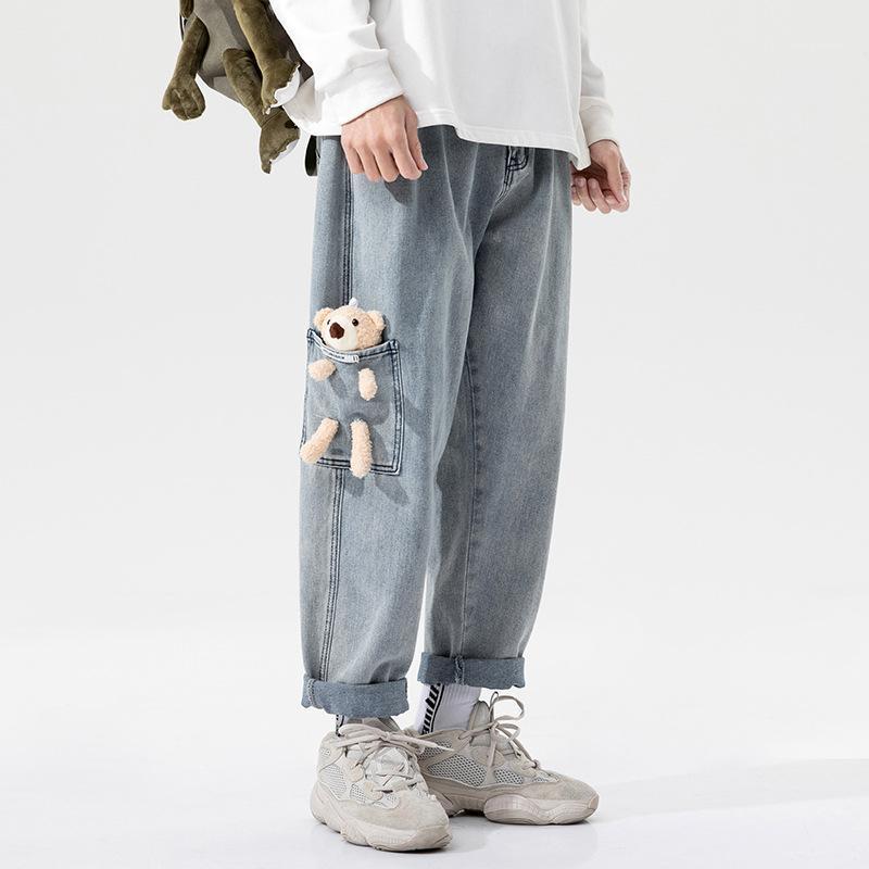 

Men's Jeans 2022 Spring Ins Bear Red Tide Brand Washed Couple Simple Wide Leg Trousers, Light blue