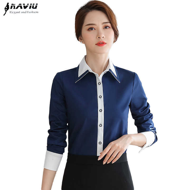 

Naviu Fashion High Quality Cotton Shirt Autumn Clothes For Women Blouse Formal Outwear Patchwork Blusas 210604, Navy blue