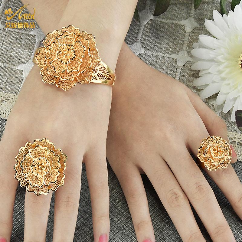 

Bangle Dubai Big Bracelets Cuff Bangles Ring Set Gold Plated Flower Design Bridal Wedding Copper Jewelry For Women Gift