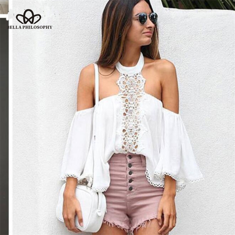 

summer halter lace floral embroidery patchwork blouse white hollow out blusas sexy flare sleeve casual shirts 210519