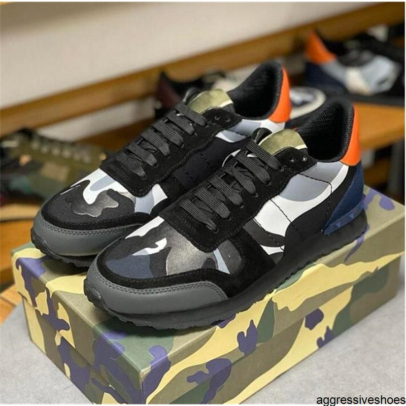 

Camouflage Sneaker Womens Mens Rivet Shoes Studded Flats Mesh Camo Suede Leather Casual Trainers Rockrunner Chaussures with box, Color1