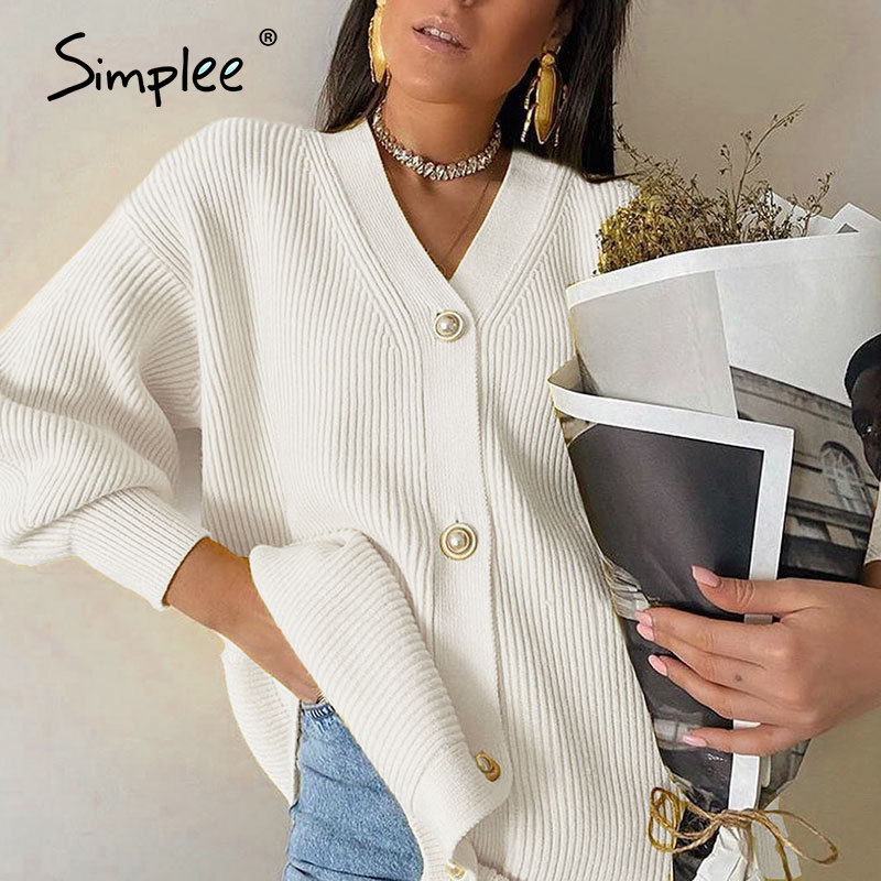 

Simplee Casual v-neck knitted cardigan women Autumn winter lantern sleeve button female cardigan Fashion ladies oversize sweater, Green