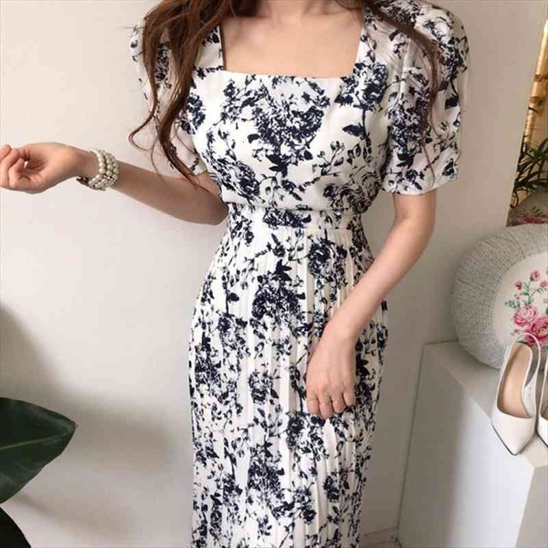 

summer elegant print puff sleeve women dress casual party slim a line maxi pleated, Black;gray