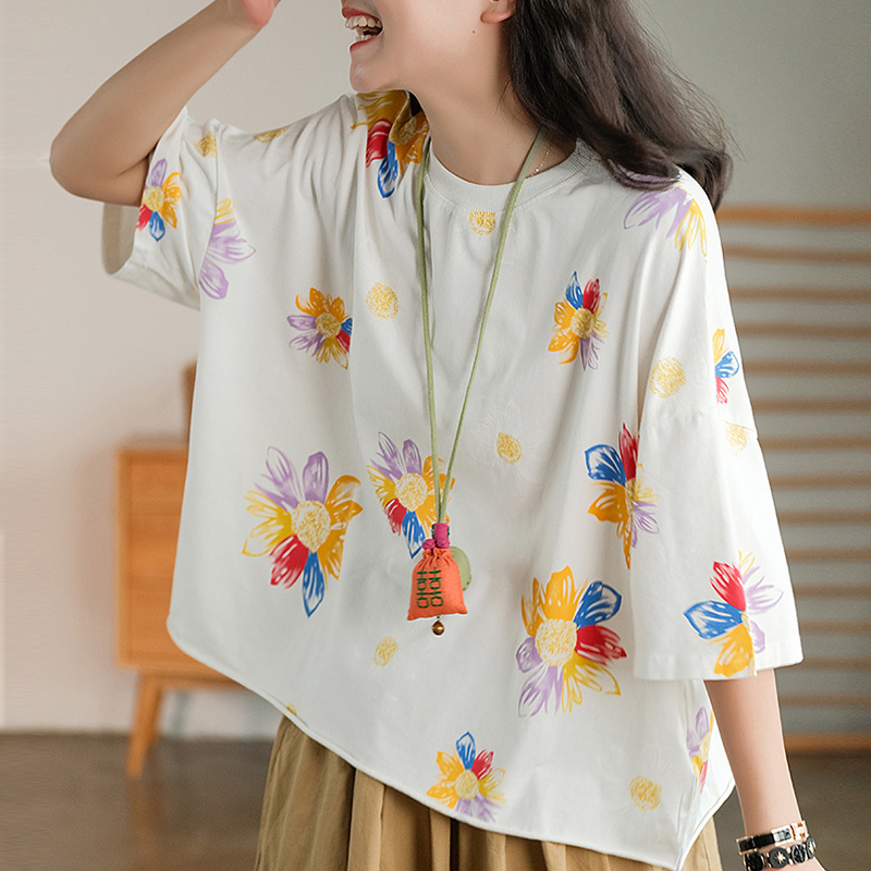 

Johnature Women Print Floral Casual T-Shirts O-Neck Short Sleeve Korean Style Cotton Soft Summer Female Loose Tshirt Tees 210521, Black