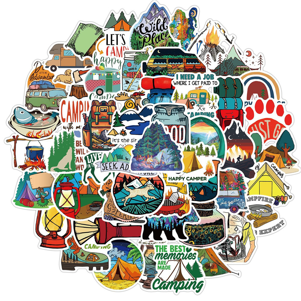 

50Pcs Outdoor Camping Stickers Non-random For Car Bike Luggage Sticker Laptop Skateboard Motor Water Bottle Snowboard wall Decals Kids Gifts, Multi-color