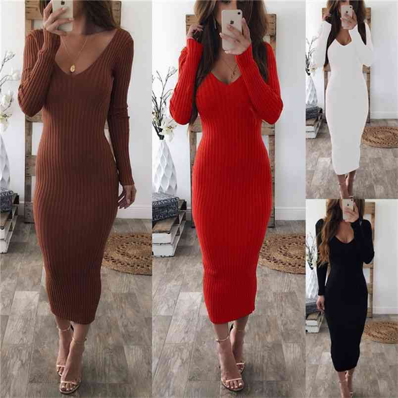 

Sexy V-Neck Women Knitted Dress Autumn Winter Long Sleeve Elegant Party Female Solid Color Black White Red-Brown Bodycon 210517, Ts-8021 black