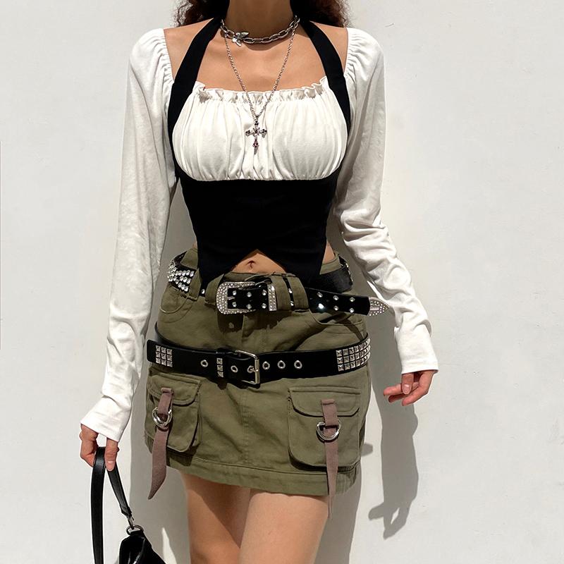 

Women' T-Shirt Sexy Hollow Backless Patchwork Fake Two Pieces Women Long Sleeve Tie Up Halter Crop Top Exposed Navel Tee Streetwear, White