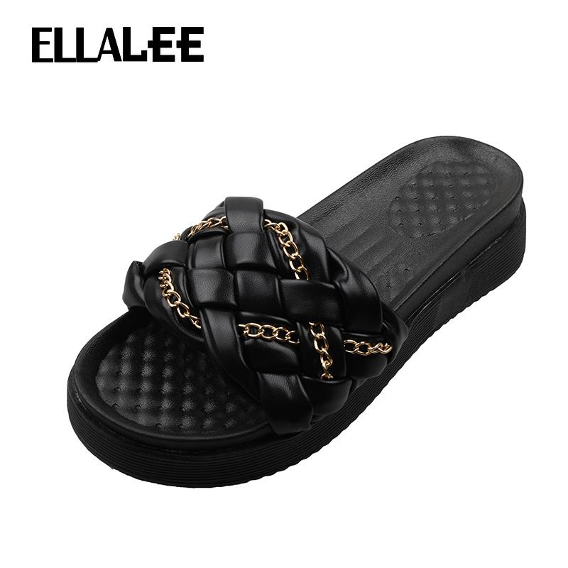 

Slippers ELLALEE Women Summer Chain Borered Soft Shallow Leisure Female Flats Outdoor Non-slip Nice Fashion Woman's Shoes, Black