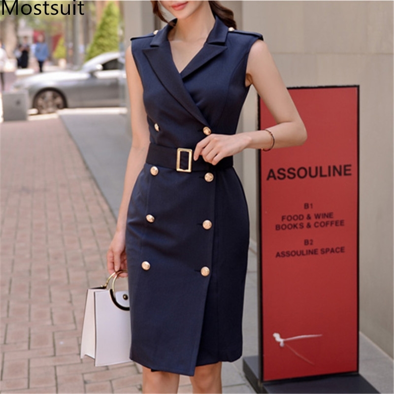 

Summer Korean Ol Double-breasted Pencil Dress With Belt Women Sleeveless Notched Collar Elegant Fashion Dresses Vestidos 210518, Picture color