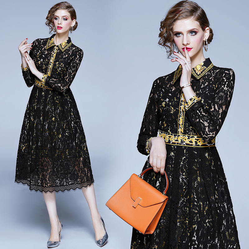

Quality Classic Runway Black Lace Dress 2021 Ladies Designer Long Sleeve Lapel Slim A-Line Prom Pleated Dresses Office Holiday Autumn Winter, Black;gray