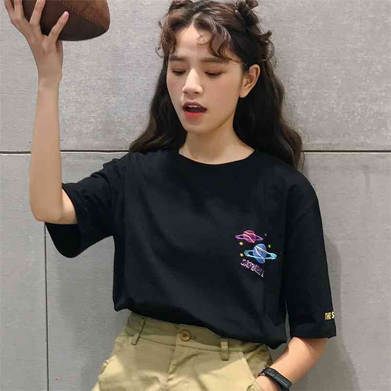 

Halajuku Cotton Planet Printed Letter Embroidered Loose Causal Short Sleeve Female T-shirts 210722, White