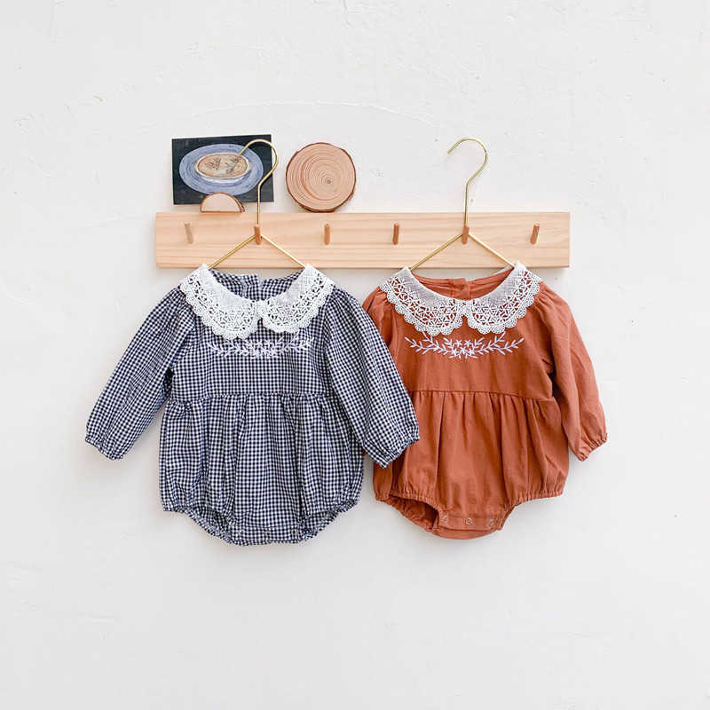 

Baby Girl Embroidery Romper Korean Style born Plaid Rompers Toddler Girls Long Sleeve Bodysuit Infant Onesie 210615, Khaki romper
