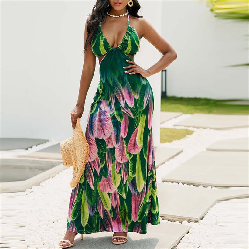 

fashionable sleeveless halter neck womens dresses tie feather print lingerie hollow beach bohemian party maxi, Black;gray