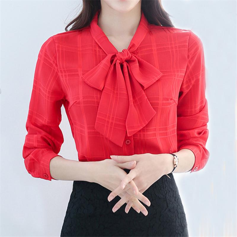 

Women' Blouses & Shirts Fashion Chiffon Blouse Spring Autumn Women Solid Casual Bow Long-Sleeve Office White Bottoming Shirt Tops A699, Red
