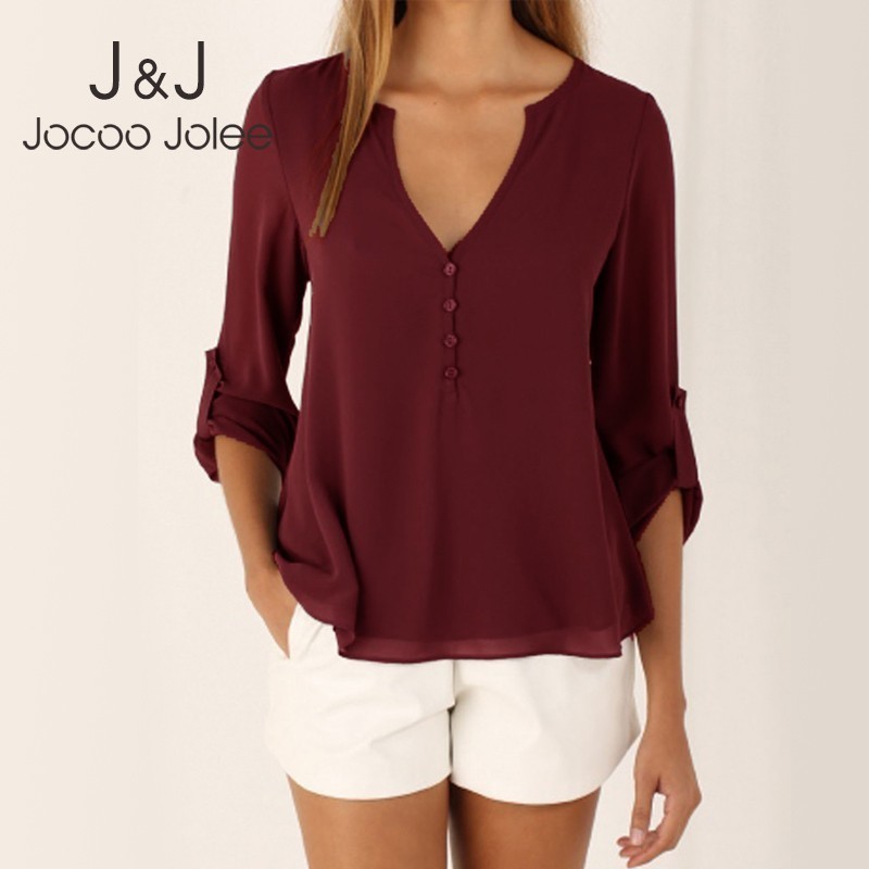 

Jocoo Jolee Female Plus Size  Long Sleeve Chiffon Blouse Elegant Lady Loose Tops Women Fashion Chic Button Clothes 210518, Wine red