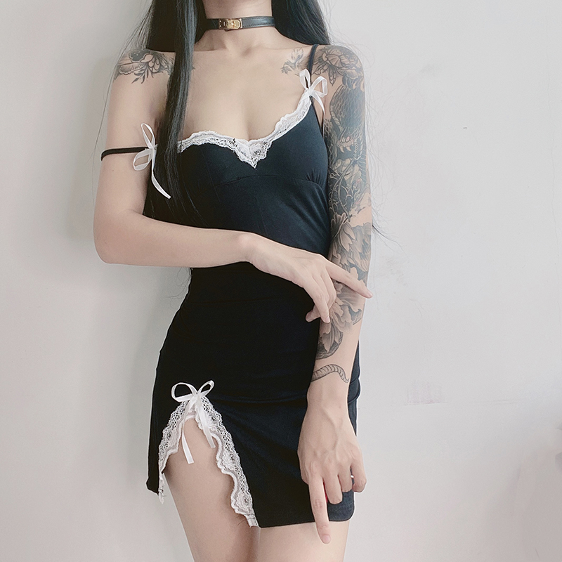 

New Summer Sexy Lingerie Women Sling Nightdress Deep V Side Slit Cute Lolita Nightgowns Spaghetti Strap Dress Outside Sleepwear, Red