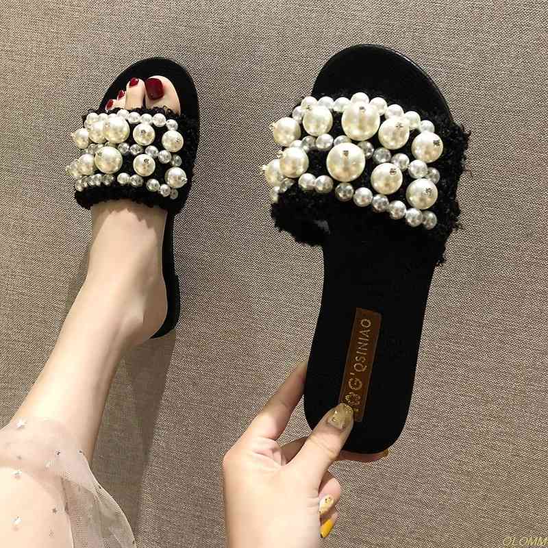 

String Bead Slipper Women Summer Shoes Open Toe European Fashion Design Casual Flat Slides Femme Y0406, Black