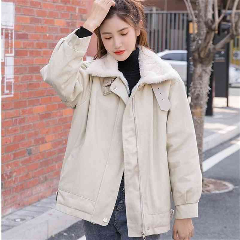 

Short Cotton Parkas Women Winter Fashion Velvet Thickened Imitation Lamb Wool Bf Loose Tooling Jacket Outwear 210519, Pink